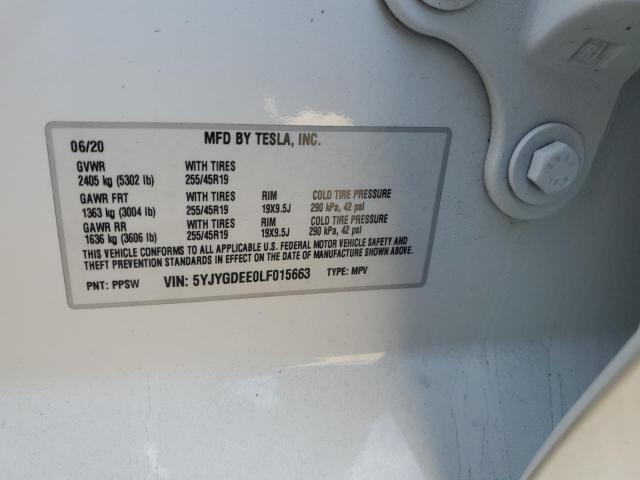 5YJYGDEE0LF015663 - 2020 TESLA MODEL Y 白色 照片 13