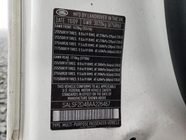 SALSF2D48AA226467 - 2010 LAND ROVER RANGE ROVE HSE WHITE photo 10