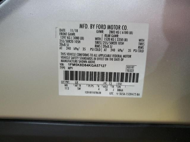 1FM5K8D84KGA57127 - 2019 FORD EXPLORER XLT 银色 照片 14