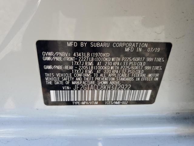 JF2GTACC8KH372922 - 2019 SUBARU CROSSTREK PREMIUM WHITE photo 13