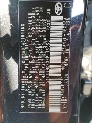 5YFS4MCE3NP115555 - 2022 TOYOTA COROLLA SE BLACK photo 12