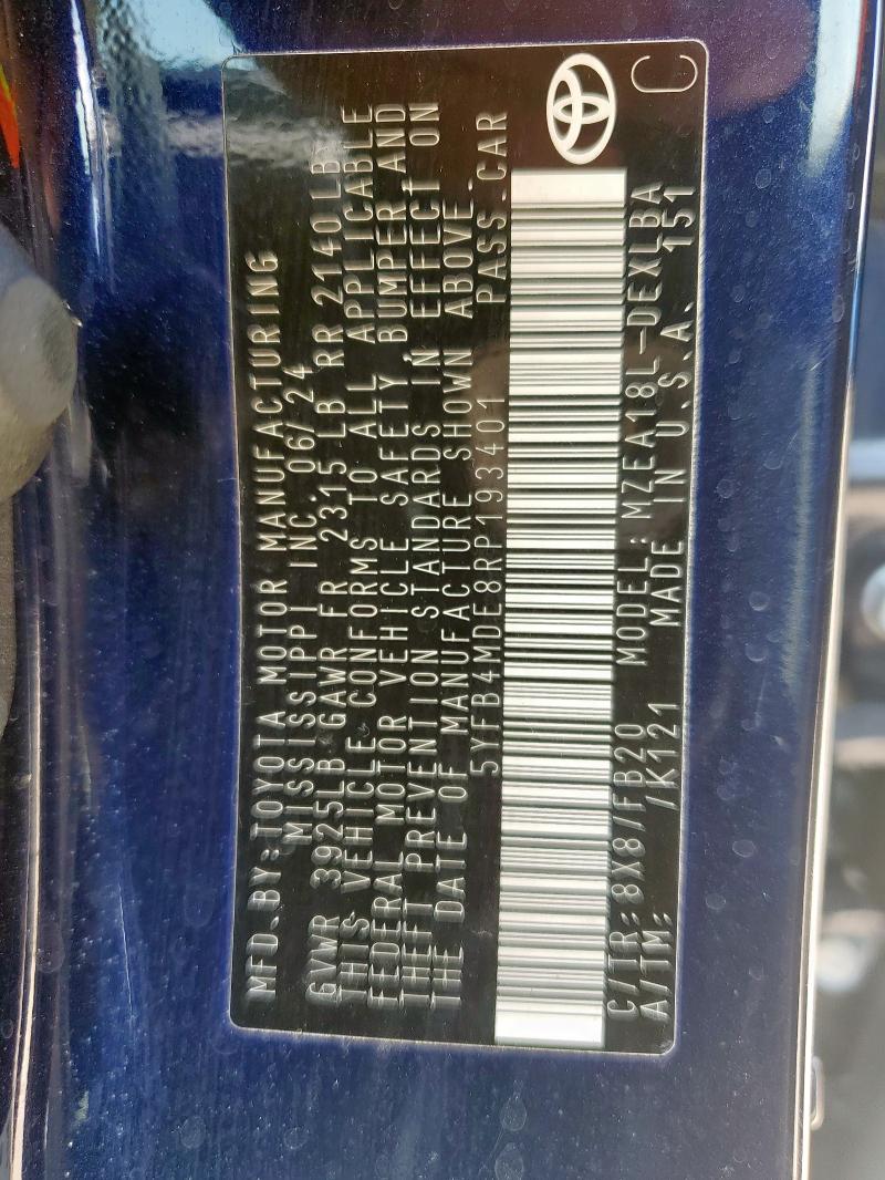 5YFB4MDE8RP193401 - 2024 TOYOTA COROLLA LE ლურჯი ფოტო 12