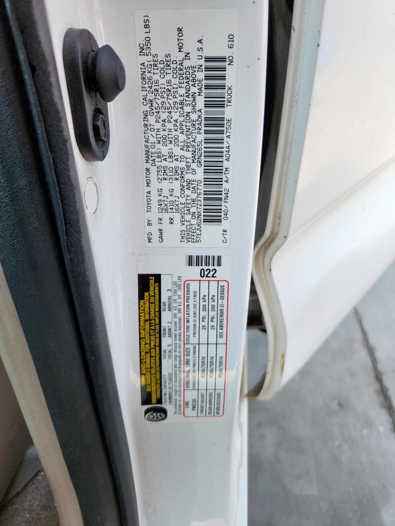 5TEJU62NX7Z376770 - 2007 TOYOTA TACOMA DOUBLE CAB PRERUNNER WHITE photo 12