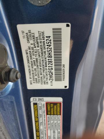 2HGFG12818H524524 - 2008 HONDA CIVIC EX BLUE photo 12