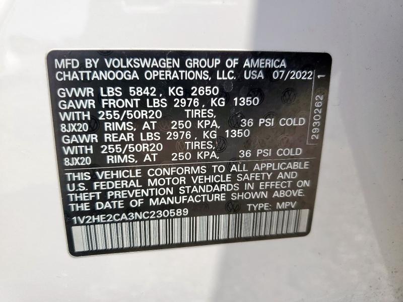 1V2HE2CA3NC230589 - 2022 VOLK ATLAS CROSS SPORT SE WHITE photo 14