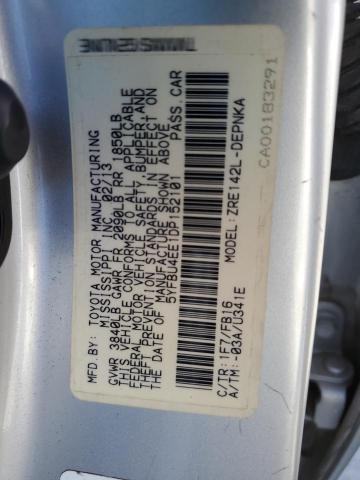 5YFBU4EE1DP152101 - 2013 TOYOTA COROLLA BASE Արծաթագույն լուսանկար 12