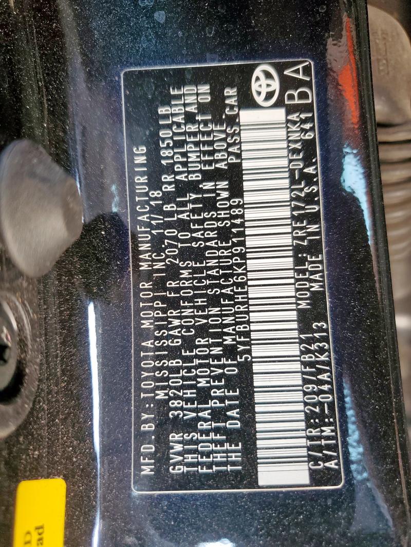 5YFBURHE6KP911489 - 2019 TOYOTA COROLLA L BLACK photo 12