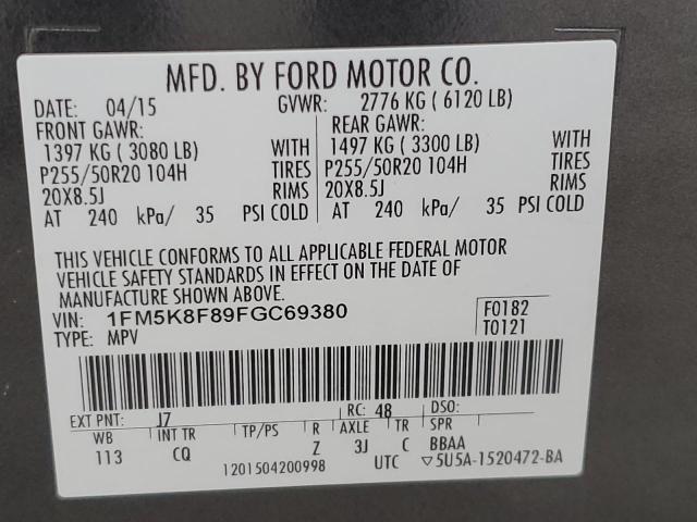 1FM5K8F89FGC69380 - 2015 FORD EXPLORER LIMITED ნაცრისფერი ფოტო 14