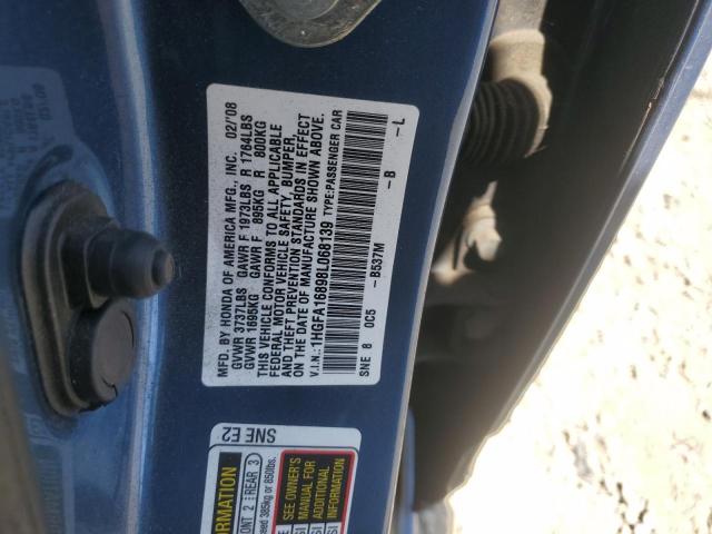 1HGFA16898L068139 - 2008 HONDA CIVIC EX BLUE photo 12