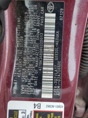 4T1BK36B08U320013 - 2008 TOYOTA AVALON XL BURGUNDY photo 12