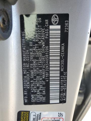 4T1BF32K54U581206 - 2004 TOYOTA CAMRY LE SILVER photo 13