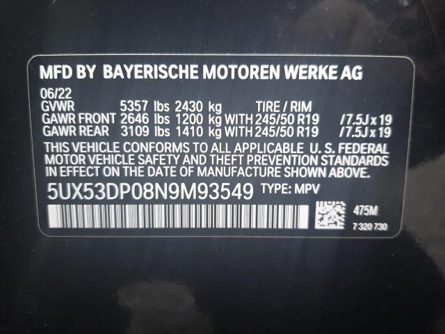 5UX53DP08N9M93549 - 2022 BMW X3 XDRIVE30I BLACK photo 12