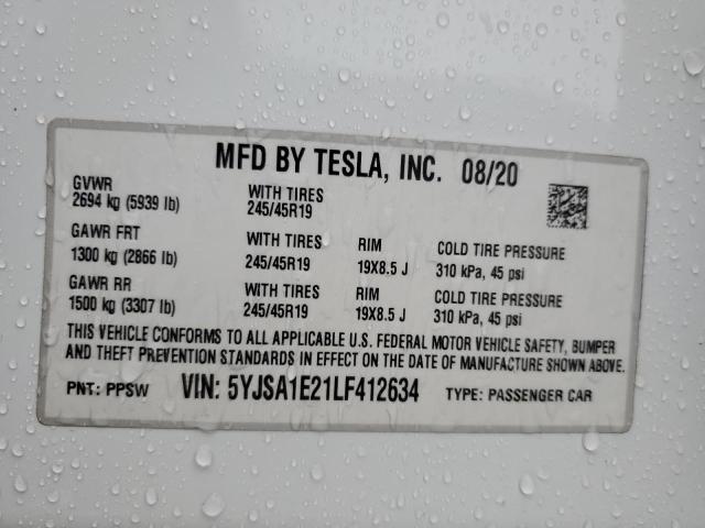 5YJSA1E21LF412634 - 2020 TESLA MODEL S Ağ foto 12