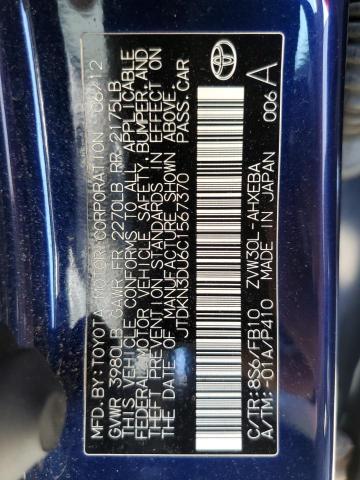 JTDKN3DU6C1567370 - 2012 TOYOTA PRIUS BLUE photo 12