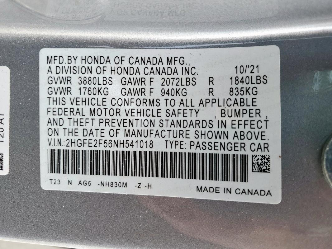 2HGFE2F56NH541018 - 2022 HONDA CIVIC SPORT 银色 照片 12