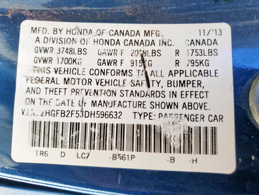 2HGFB2F53DH596632 - 2013 HONDA CIVIC LX 蓝色 照片 12