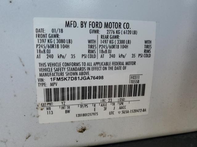 1FM5K7D81JGA76498 - 2018 FORD EXPLORER XLT أبيض صورة 14