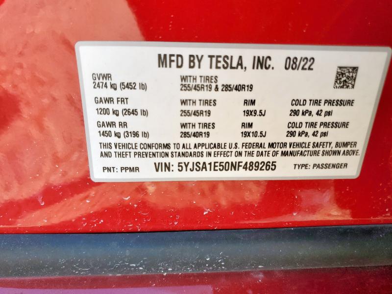 5YJSA1E50NF489265 - 2022 TESLA MODEL S Червоний фото 12