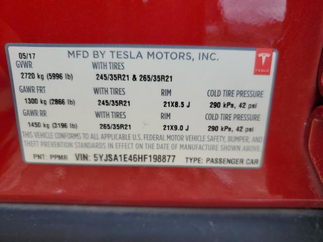 5YJSA1E46HF198877 - 2017 TESLA MODEL S Czerwony zdjęcie 12