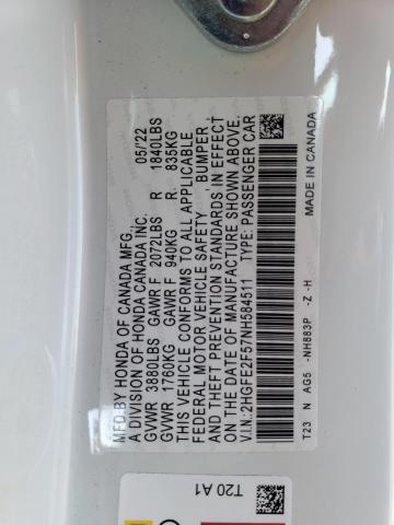 2HGFE2F57NH584511 - 2022 HONDA CIVIC SPORT 白色 照片 12
