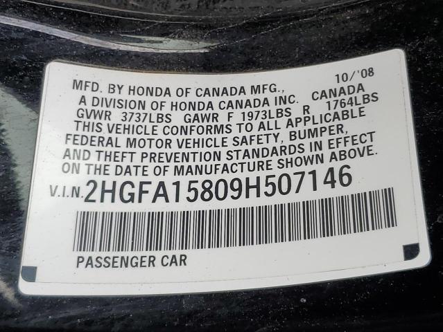 2HGFA15809H507146 - 2009 HONDA CIVIC EX BLACK photo 12