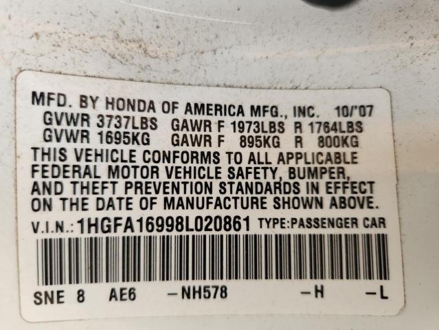 1HGFA16998L020861 - 2008 HONDA CIVIC EXL WHITE photo 13