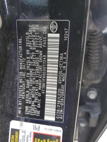4T1BK1FK0CU011249 - 2012 TOYOTA CAMRY SE BLACK photo 12