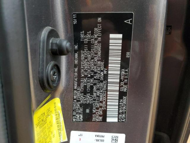 5TDYK3DC6CS194635 - 2012 TOYOTA SIENNA XLE GRAY photo 13