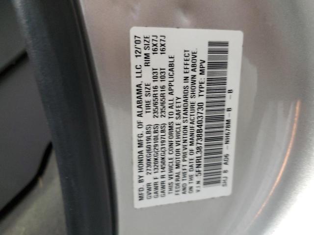 5FNRL38738B403730 - 2008 HONDA ODYSSEY EXL SILVER photo 13