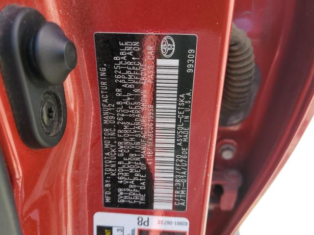 4T1BF1FK6CU619958 - 2012 TOYOTA CAMRY BASE RED photo 13