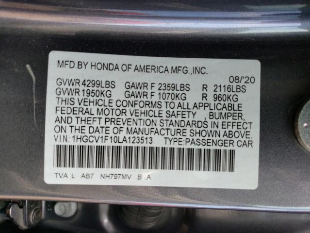 1HGCV1F10LA123513 - 2020 HONDA ACCORD LX GRAY photo 12