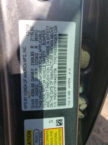 1HGCV1F11KA027758 - 2019 HONDA ACCORD LX GRAY photo 12