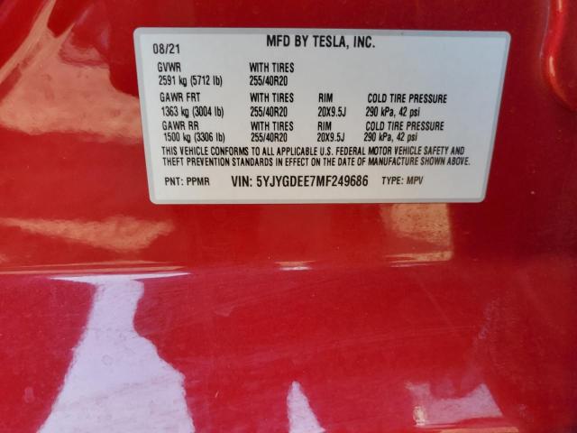 5YJYGDEE7MF249686 - 2021 TESLA MODEL Y RED photo 12