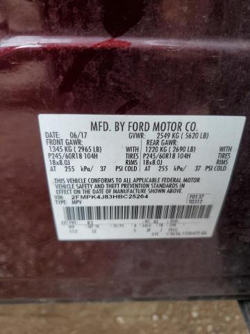 2FMPK4J83HBC25264 - 2017 FORD EDGE SEL BURGUNDY photo 12