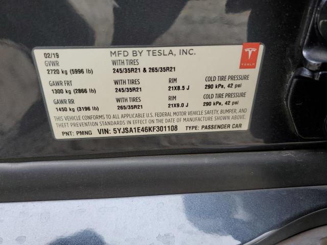 5YJSA1E46KF301108 - 2019 TESLA MODEL S Boz foto 12