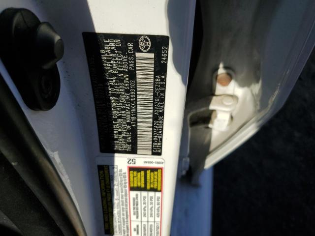 4T1B11HKXJU093102 - 2018 TOYOTA CAMRY L 白色 照片 12