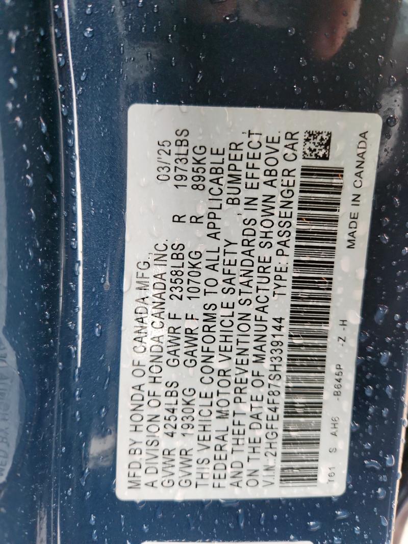 2HGFE4F87SH339144 - 2025 HONDA CIVIC SPORT BLUE photo 12