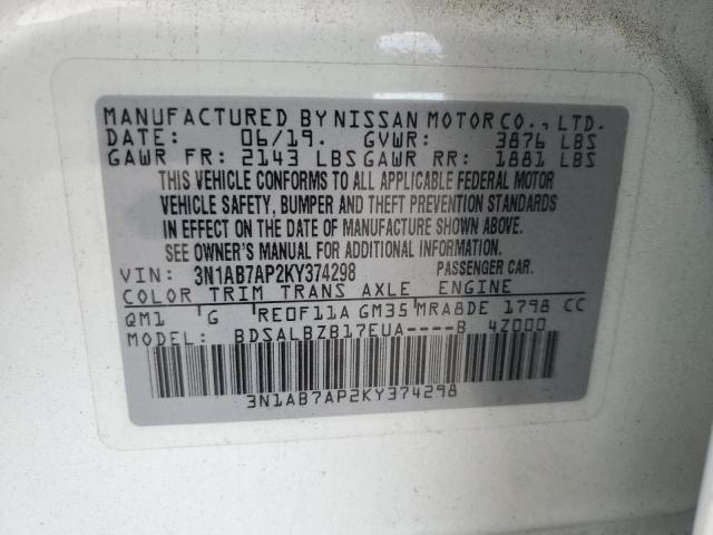 3N1AB7AP2KY374298 - 2019 NISSAN SENTRA S WHITE photo 13