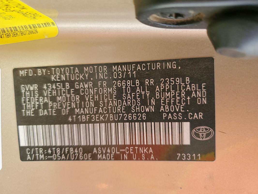 4T1BF3EK7BU726626 - 2011 TOYOTA CAMRY BASE Золотий фото 12