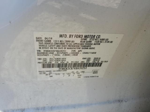 2FMGK5C87KBA20251 - 2019 FORD FLEX SEL WHITE photo 13