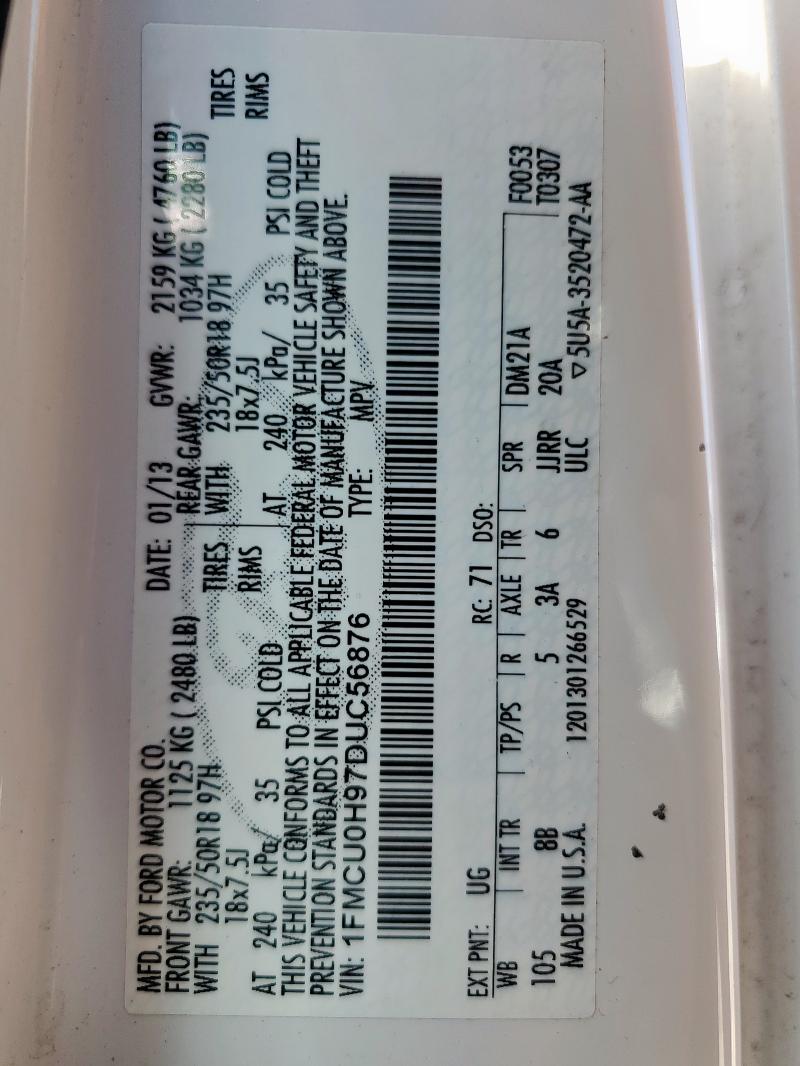 1FMCU0H97DUC56876 - 2013 FORD ESCAPE SEL WHITE photo 14