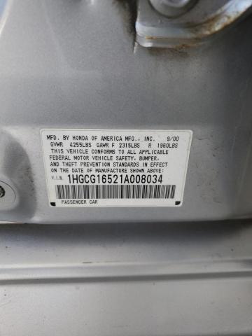 1HGCG16521A008034 - 2001 HONDA ACCORD EX ვერცხლისფერი ფოტო 12