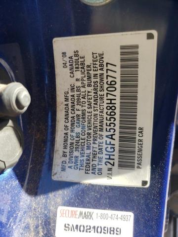 2HGFA55568H706777 - 2008 HONDA CIVIC SI BLUE photo 12