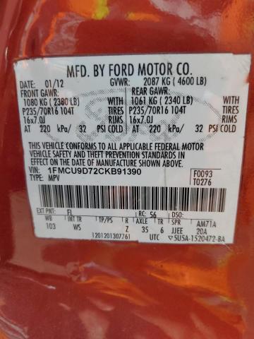 1FMCU9D72CKB91390 - 2012 FORD ESCAPE XLT 红色 照片 12