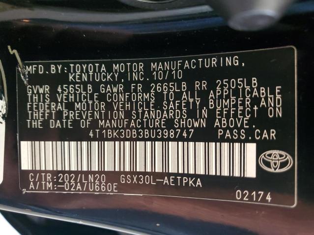 4T1BK3DB3BU398747 - 2011 TOYOTA AVALON BASE Սև լուսանկար 12