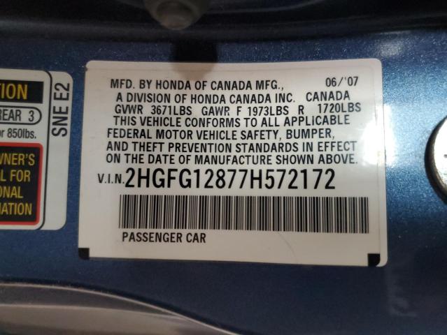 2HGFG12877H572172 - 2007 HONDA CIVIC EX BLUE photo 12