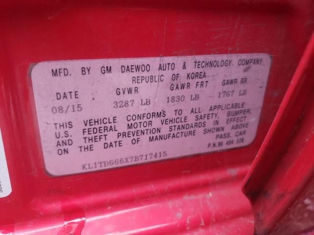 KL1TD666X7B717415 - 2007 CHEVROLET AVEO BASE RED photo 12