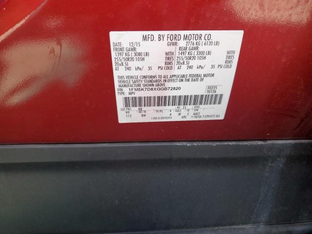 1FM5K7D8XGGB72820 - 2016 FORD EXPLORER XLT RED photo 13