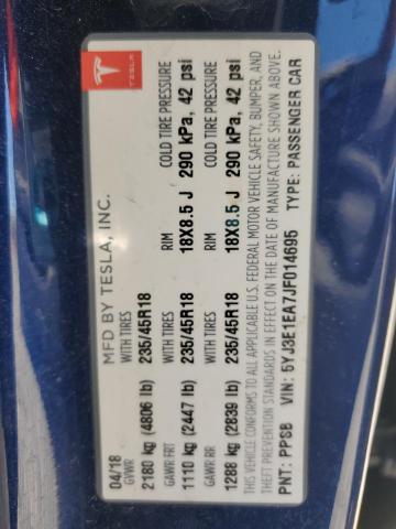 5YJ3E1EA7JF014695 - 2018 TESLA MODEL 3 Көк фото 12