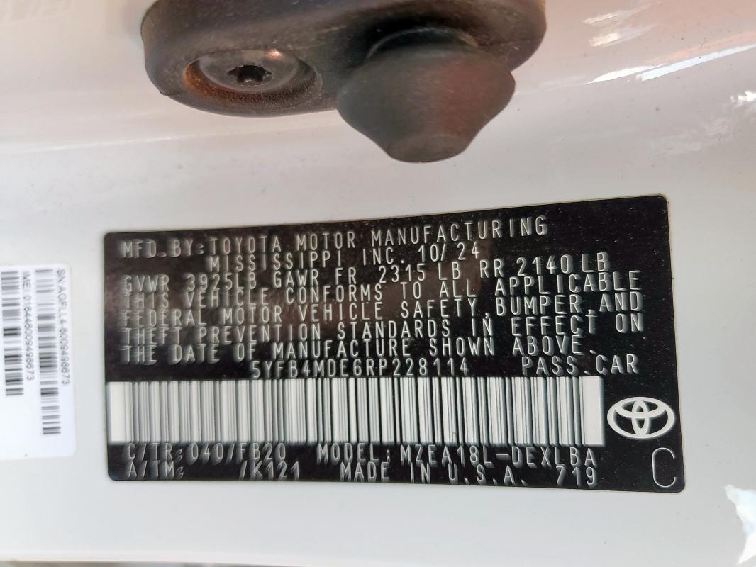 5YFB4MDE6RP228114 - 2024 TOYOTA COROLLA LE თეთრი ფოტო 13